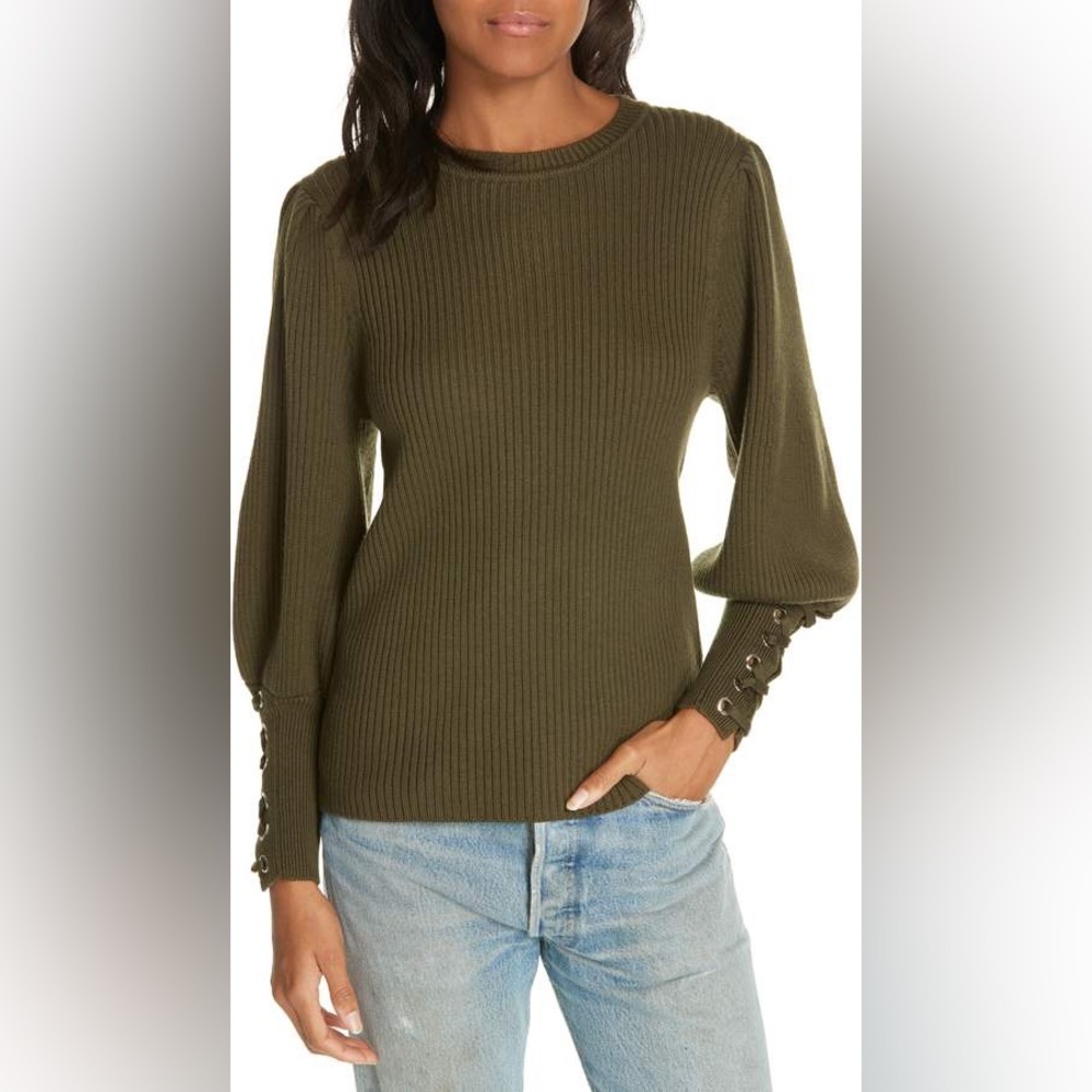 BA&SH Zelie Lace-Up Cuff Wool Dark Green Ribbed Knit Pullover Sweater Top US 4